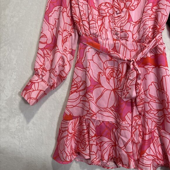 Boston Proper Blooming Outlines Print Button Up Ruffle Flounce Dress Pink 14 NWT - Picture 5 of 16